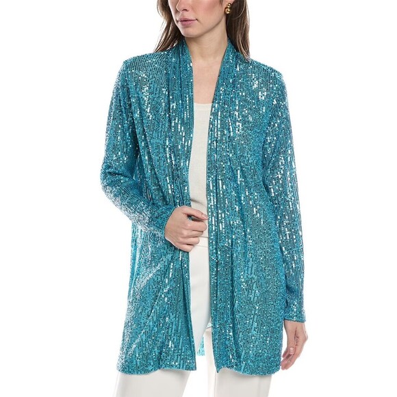 Anne Klein Women's Sequin Embellished Open-Front Jacket Cardigan Top Pool Blue L - Picture 1 of 6